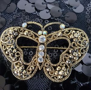 Vintage Butterfly Brooch Pin Rhinestone Crystal Gold Tones  Classy